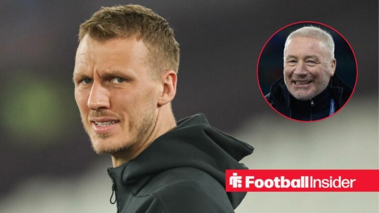 Newcastle defender Dan Burn glances towards pundit Ally McCoist, who smiles in a circular inset.