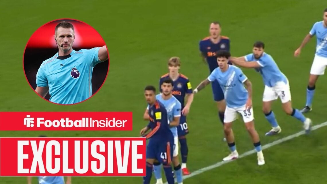 A screenshot of Dan Burn's disallowed goal vs Man City on 21 February, 2026 / Referee Thomas Bramall during the Arsenal vs Crystal Palace Premier L...