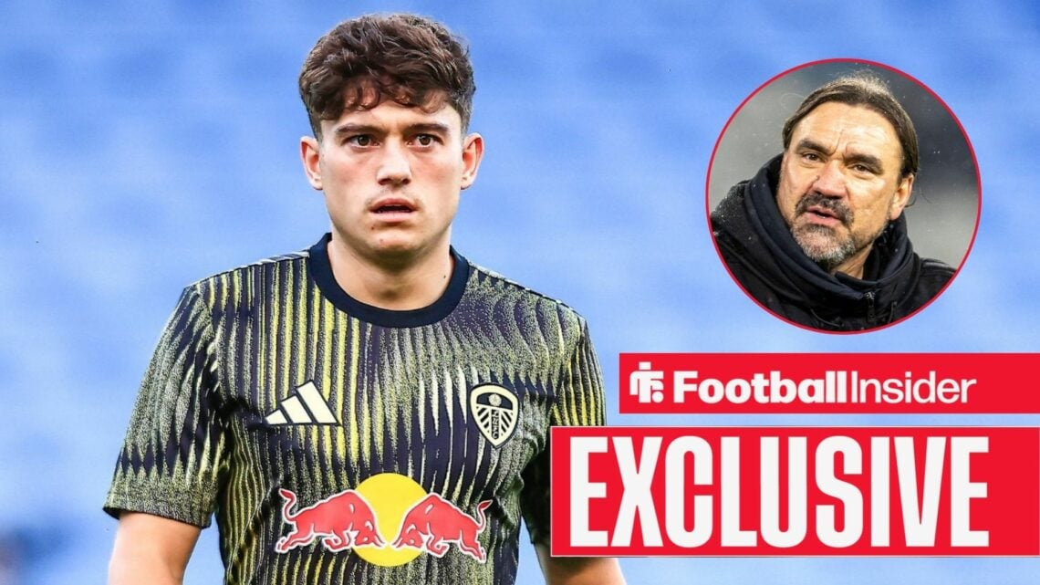 Football Insider exclusive as Leeds United winger Dan James stares towards manager Daniel Farke, who features in a circular inset.