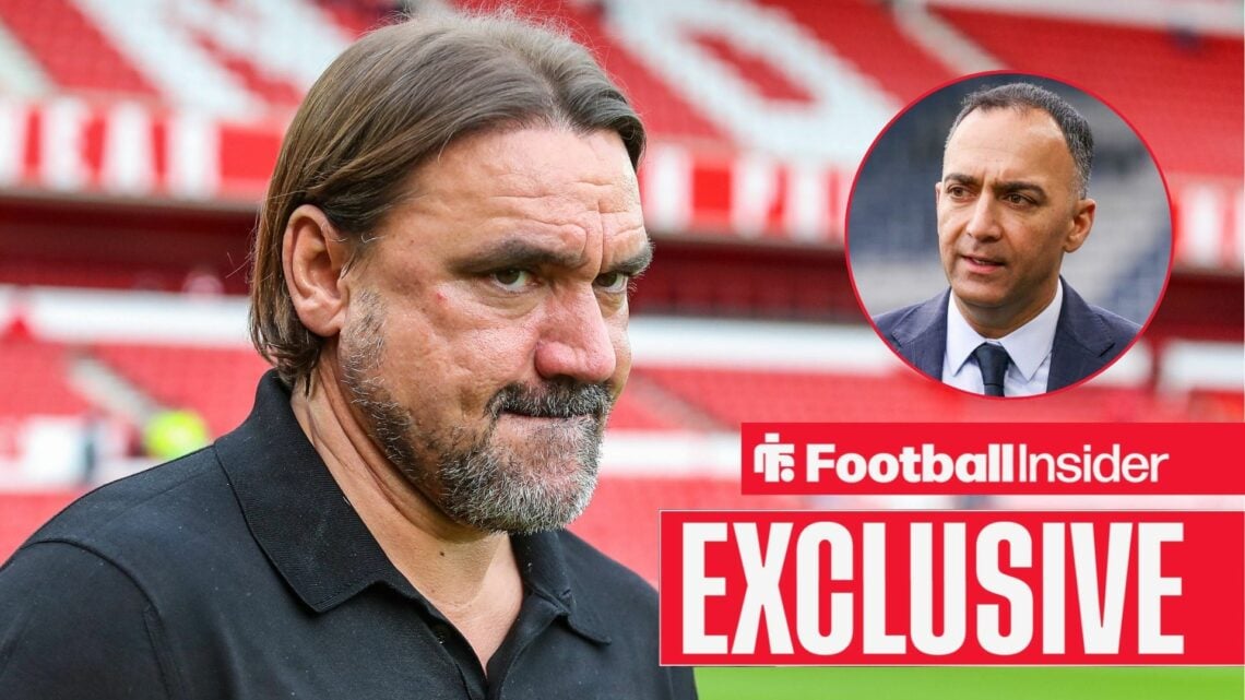 Leeds United manager Daniel Farke stares nervously towards a circular inset, which features chairman Paraag Marathe.