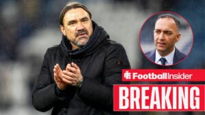 Breaking news as Leeds United manager Daniel Farke applauds in the rain, as chairman Paraag Marathe watches from a circular inset.