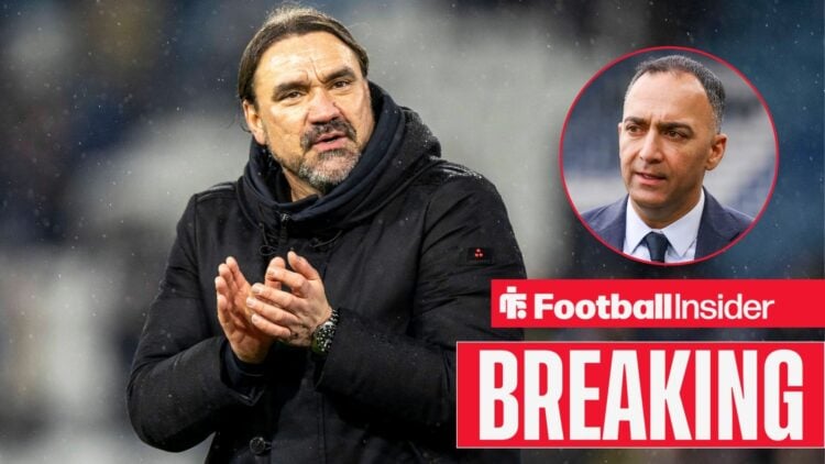 Breaking news as Leeds United manager Daniel Farke applauds in the rain, as chairman Paraag Marathe watches from a circular inset.