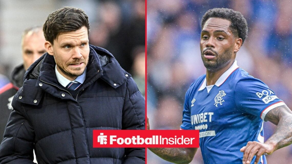Rangers manager Danny Rohl glances across a split image towards Danilo, who is in action during a game.