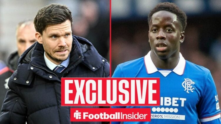 Football Insider exclusive as Rangers manager Danny Rohl glances nervously across a split image towards Djeidi Gassama.