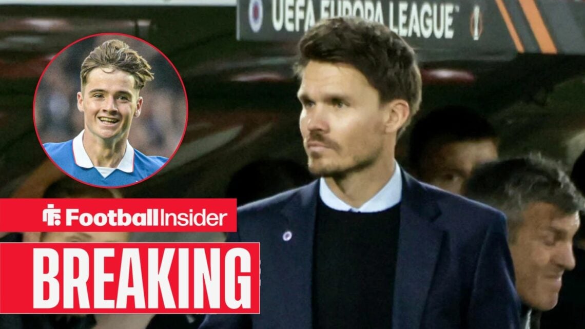 Danny Rohl on the sidelines at Ibrox, with Findlay Curtis in a circular inset