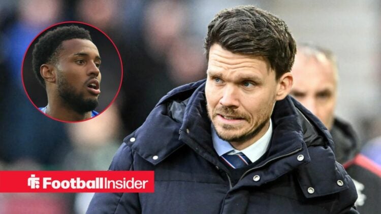 Danny Rohl on the sidelines at Rangers, with Youssef Chermiti in a circular inset
