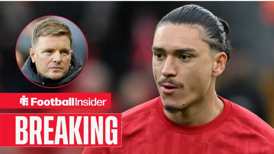 Darwin Nunez in training, with Eddie Howe in a circular inset