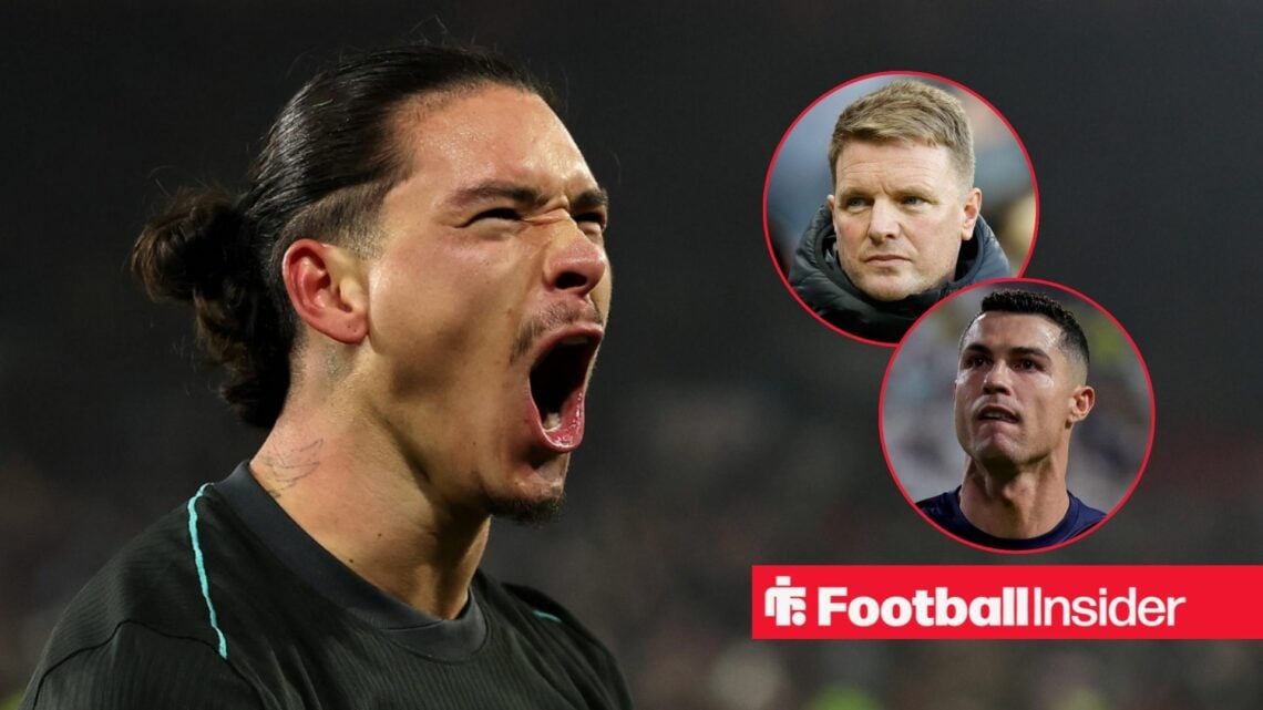 Darwin Nunez celebrating a goal, with Eddie Howe and Cristiano Ronaldo in circular insets