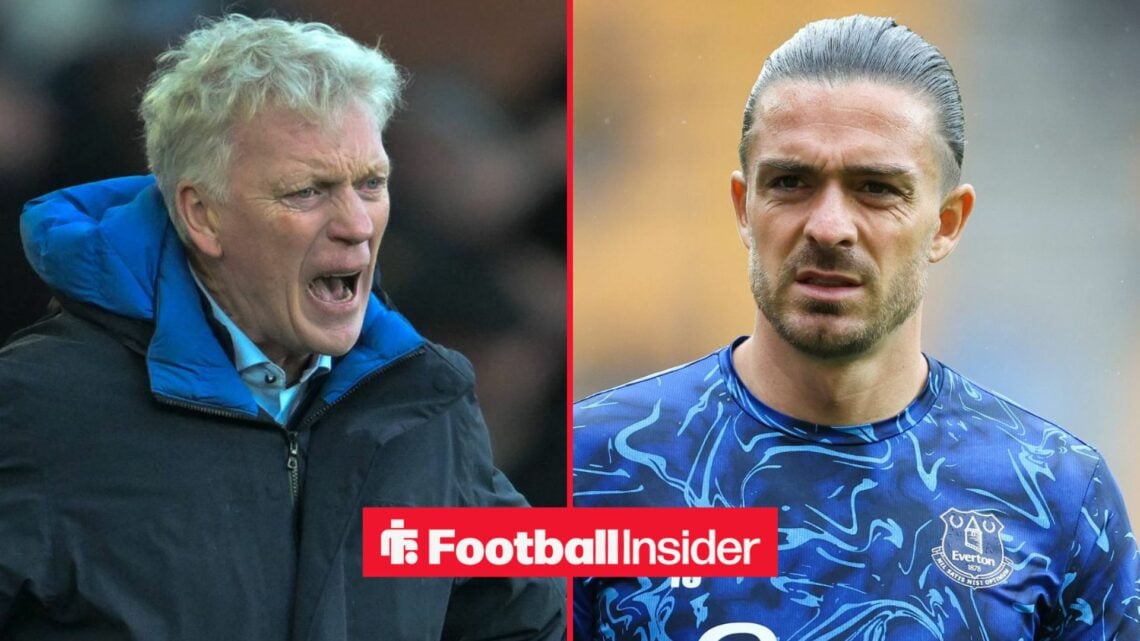 David Moyes shouting alongside Jack Grealish in an Everton training top