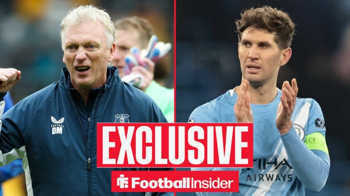 Football Insider exclusive as Everton manager David Moyes punches the air, while Manchester City defender John Stones applauds in the other side of...