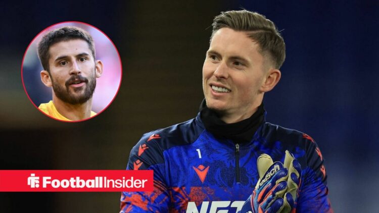 Dean Henderson pre-match for Crystal Palace, with Guglielmo Vicario in a circular inset