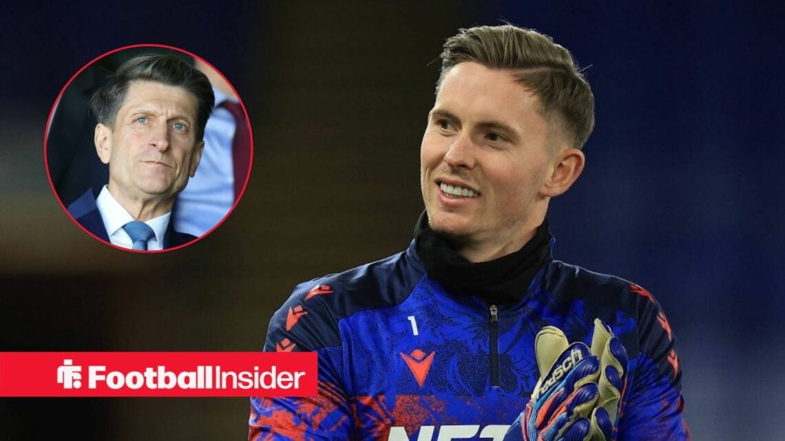 Dean Henderson in action for Crystal Palace, with Steve Parish in a circular inset