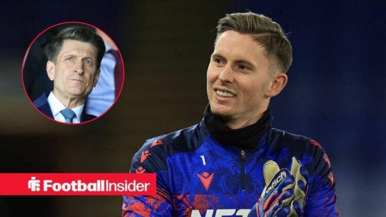 Dean Henderson in action for Crystal Palace, with Steve Parish in a circular inset