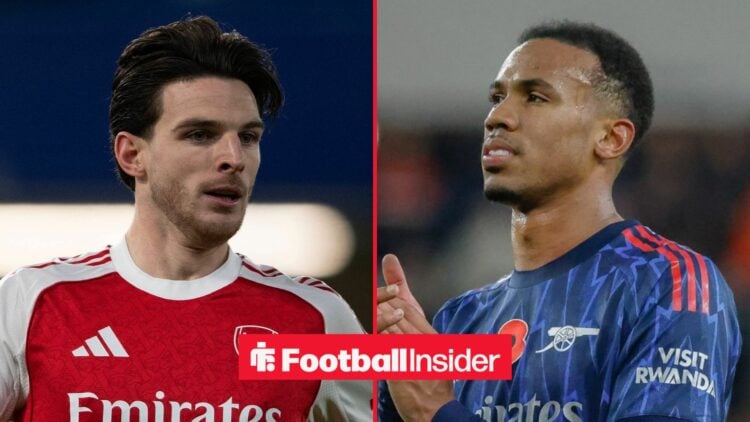 Arsenal midfielder Declan Rice glances across a split image towards Gabriel, who applauds after a game.