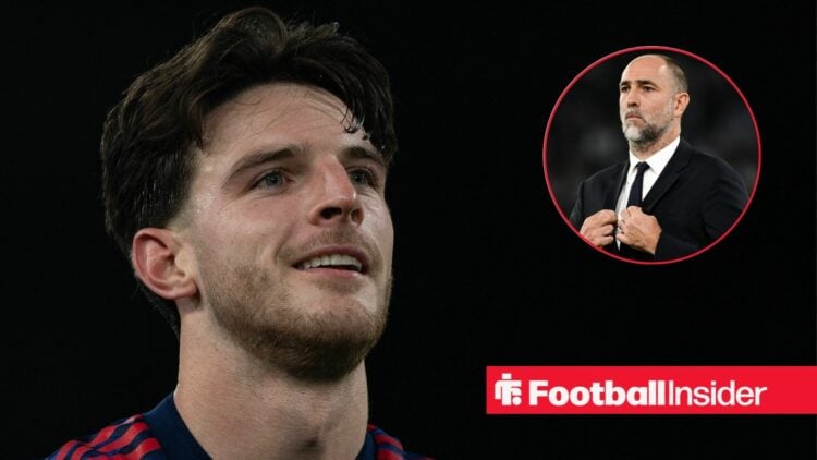 Declan Rice of Arsenal acknowledges the away fans after the Premier League match between Fulham and Arsenal at Craven Cottage on October 18, 2025 /...