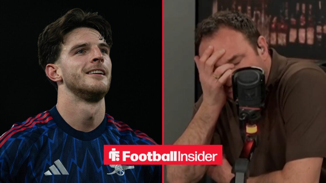 Declan Rice playing in the 2025-26 Arsenal kit, Jason Cundy face-palming on talkSPORT