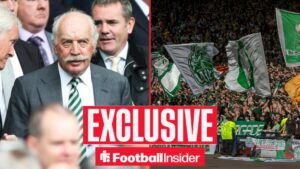 Celtic owner Dermot Desmond glances across a split image towards the fans, who wave flags in the stands.