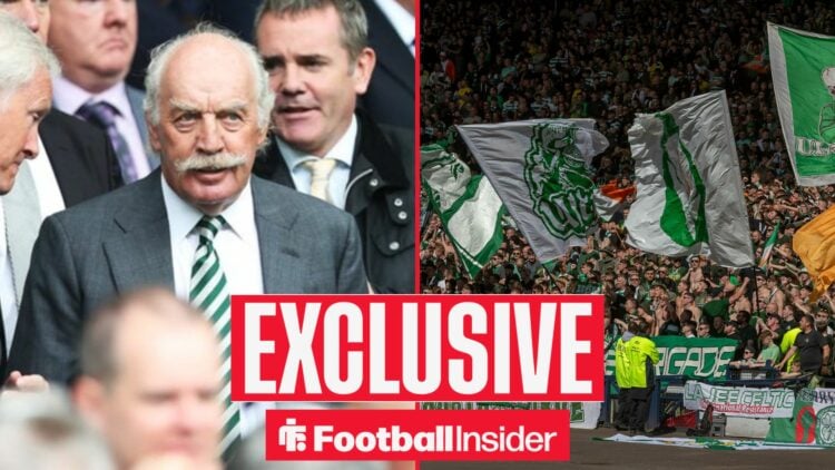 Celtic owner Dermot Desmond glances across a split image towards the fans, who wave flags in the stands.