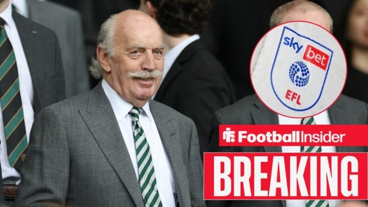 Breaking news as Celtic owner Dermot Desmond smiles towards the EFL badge, which features in a circular inset.