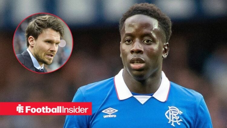 Djeidi Gassama in action for Rangers, with Danny Rohl in a circular inset