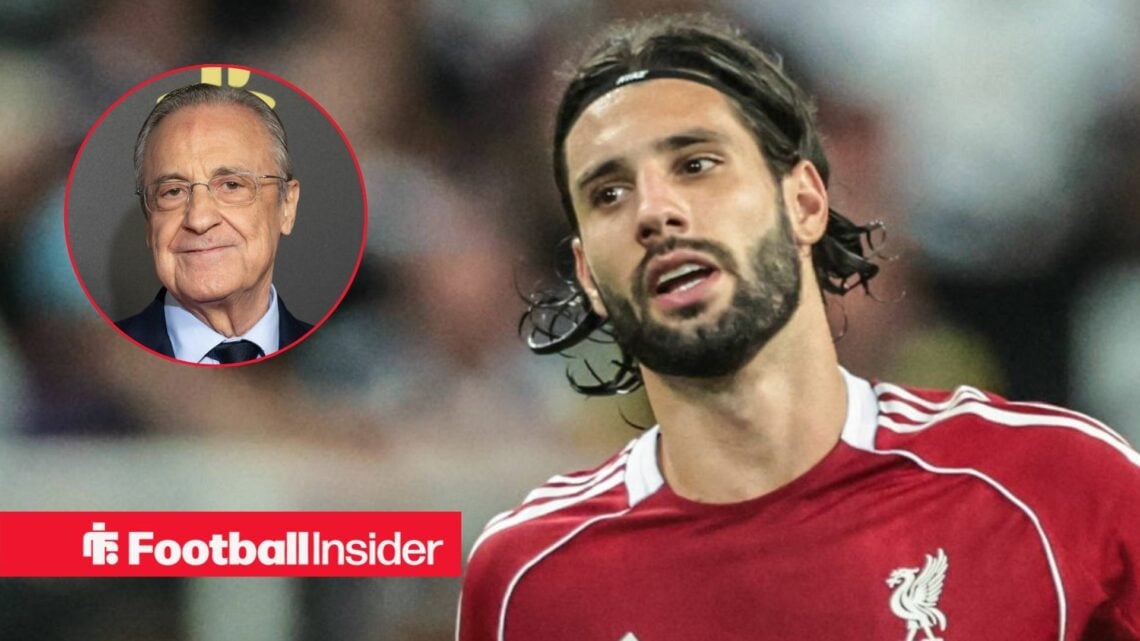 Dominik Szoboszlai in action for Liverpool, with Florentino Perez in a circular inset