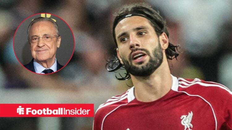 Dominik Szoboszlai in action for Liverpool, with Florentino Perez in a circular inset