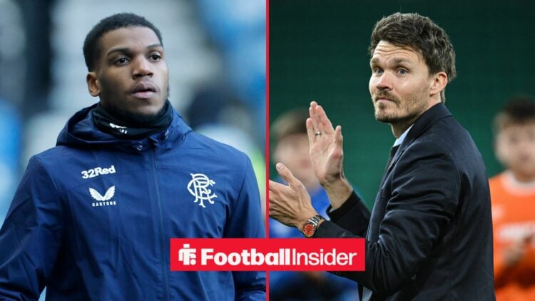 Rangers defender Dujon Sterling warms up for a game as manager Danny Rohl applauds on the other side of a split image.