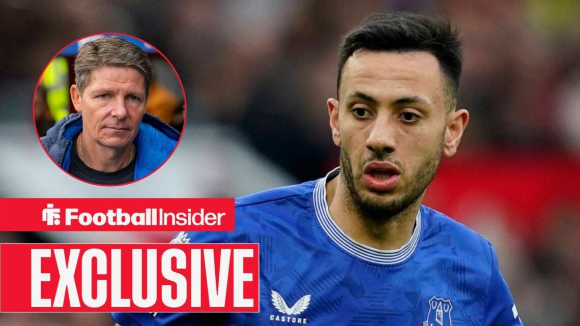 Dwight McNeil in action for Everton, with Oliver Glasner in a circular inset