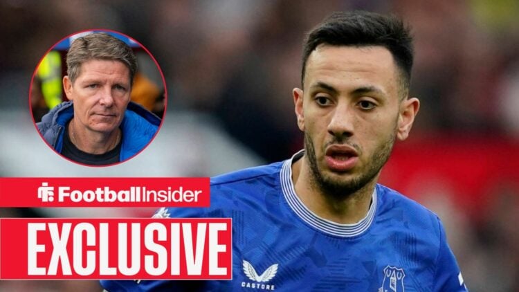 Dwight McNeil in action for Everton, with Oliver Glasner in a circular inset