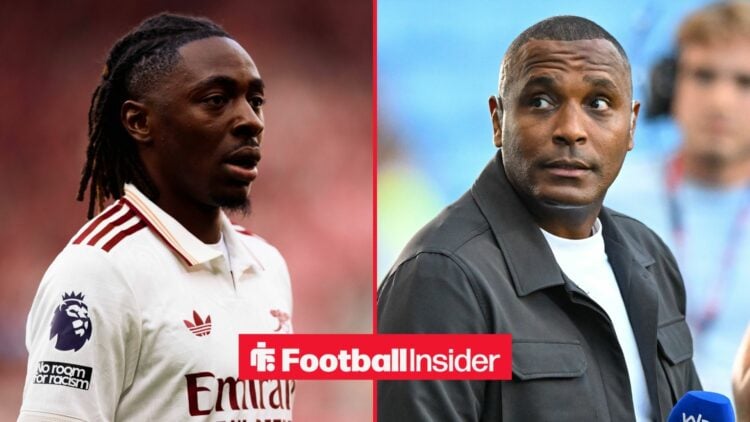 Arsenal midfielder Eberechi Eze is in action in one half of a split image, as Clinton Morrison features in the right half.