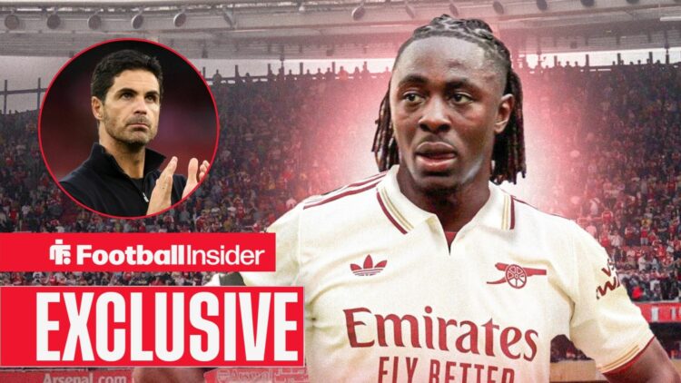 Eberechi Eze stands with his hands on his hips, as Arsenal manager Mikel Arteta applauds in a circular inset.