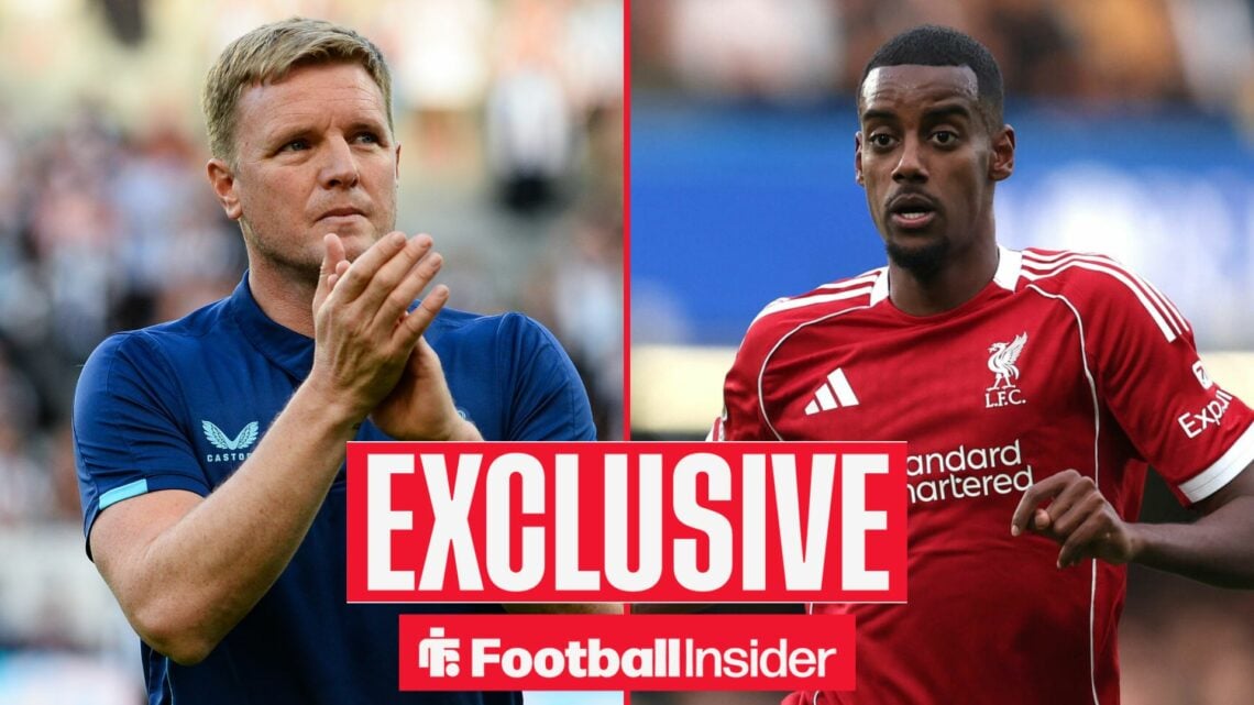 Football Insider exclusive as Newcastle manager Eddie Howe applauds while Alexander Isak is in action for Liverpool.