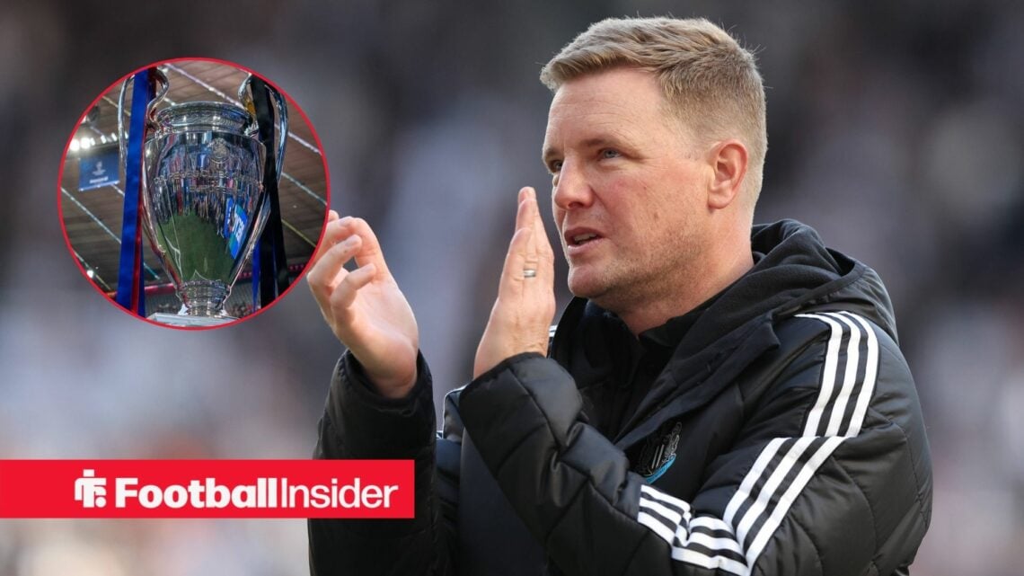 Newcastle manager Eddie Howe applauds as the Champions League trophy features in a circular inset.