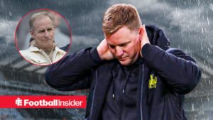 Eddie Howe with his hands on his head in the rain with David Hopkinson included in a circular inset