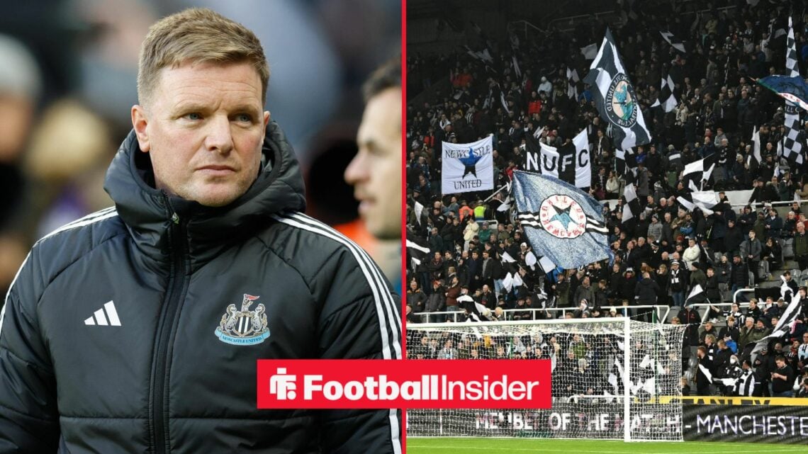 Newcastle manager Eddie Howe glances across a split image towards the fans, who wave flags in the stands on the right of a split image.