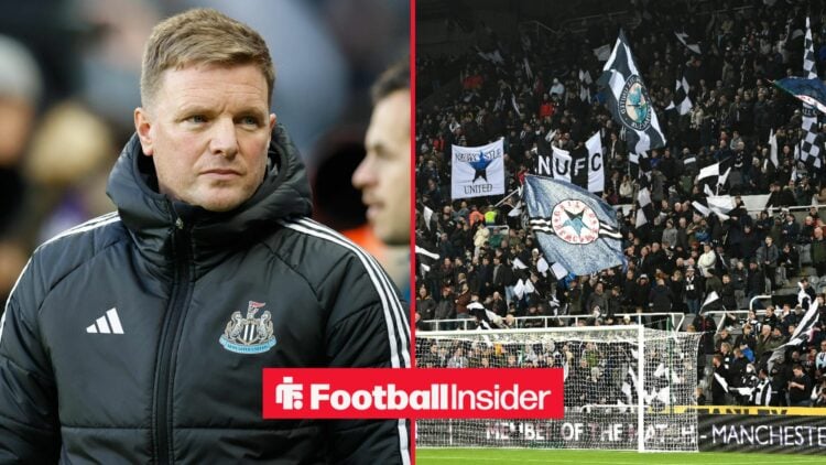 Newcastle manager Eddie Howe glances across a split image towards the fans, who wave flags in the stands on the right of a split image.