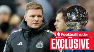 Football Insider exclusive as Newcastle manager Eddie Howe glances towards the fans, who feature in a circular inset.