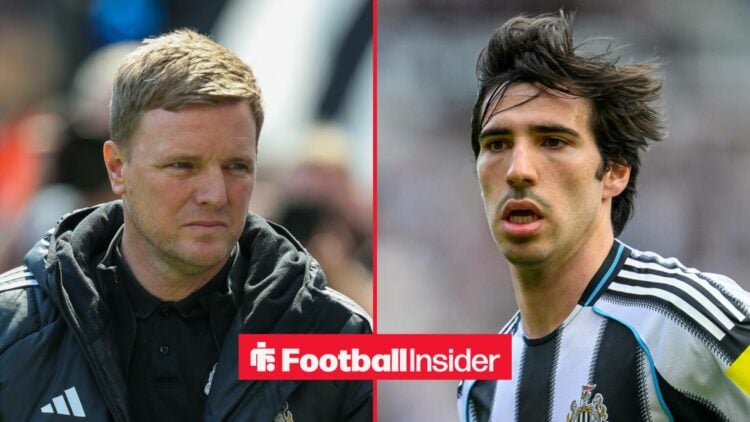 Eddie Howe on the sidelines with Sandro Tonali in action for Newcastle