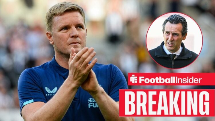 Breaking news as Newcastle United manager Eddie Howe applauds, while Aston Villa boss Unai Emery looks concerned in a circular inset.