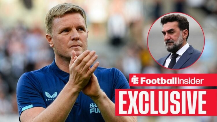 Football Insider exclusive as Newcastle manager Eddie Howe applauds, as chairman Yasir Al-Rumayyan watches from a circular inset.