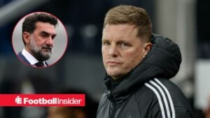 Eddie Howe on the sidelines at Newcastle, with Yasir Al Rumayyan in a circular inset