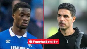 Emmanuel Fernandez in action for Rangers, with Mikel Arteta on the sidelines at Arsenal