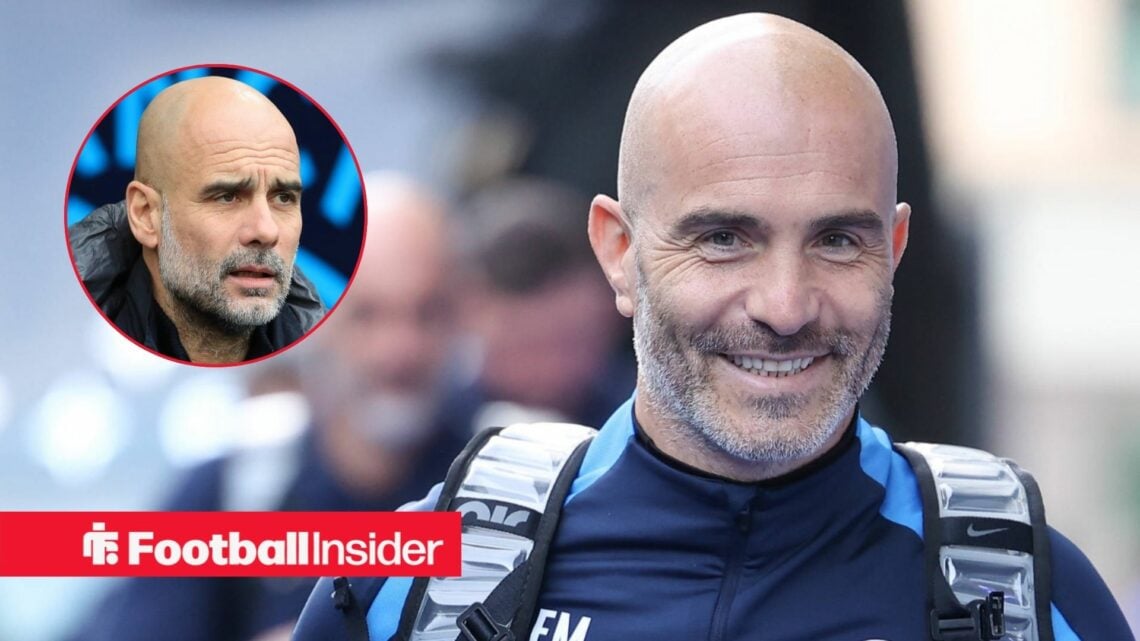 Former Chelsea manager Enzo Maresca smiles as Manchester City boss Pep Guardiola looks concerned in a circular inset.