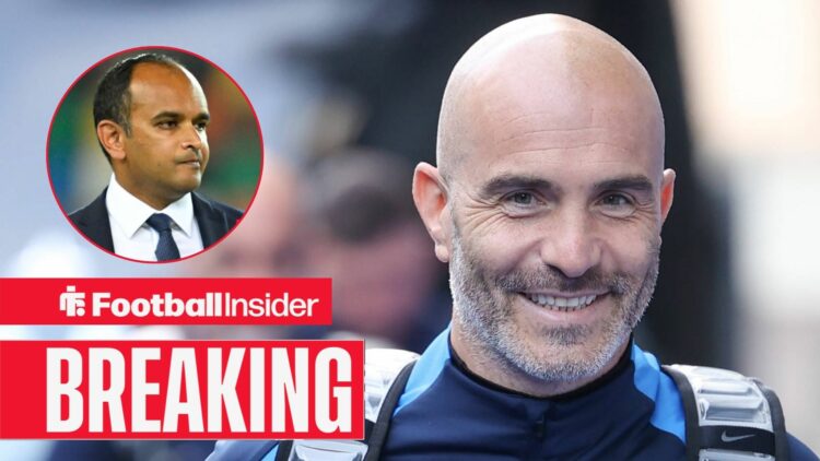 Enzo Maresca smiles as Tottenham chief executive Vinai Venkatesham watches from a circular inset.