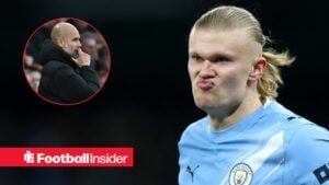 Erling Haaland of Manchester City in action during the UEFA Champions League 2025/26 League Phase MD8 match between Manchester City and Galatasaray / Pep Guardiola on the sidelines at the Etihad Stadium