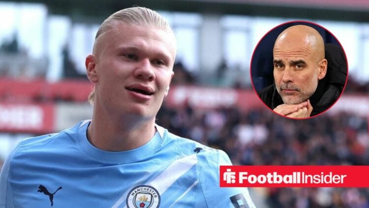 Erling Haaland in action for Man City, with Pep Guardiola in a circular inset