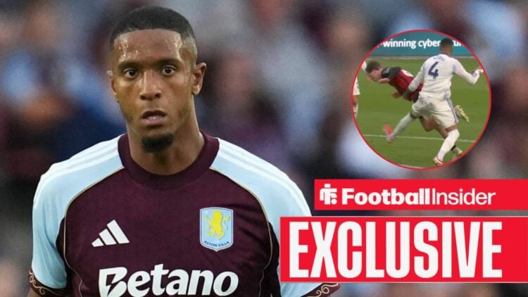 Ezri Konsa playing for Aston Villa, his challenge on Alex Scott in a circular inset