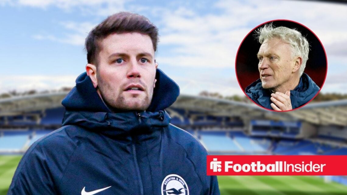 Fabian Hurzeler at the Amex, with David Moyes in a circular inset