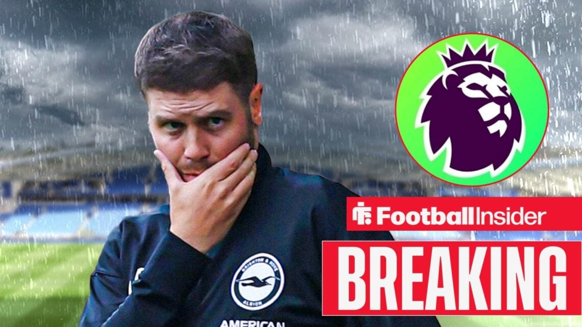 Brighton manager Fabian Hurzeler has his hand over his face in the rain as the Premier League logo features in a circular inset.