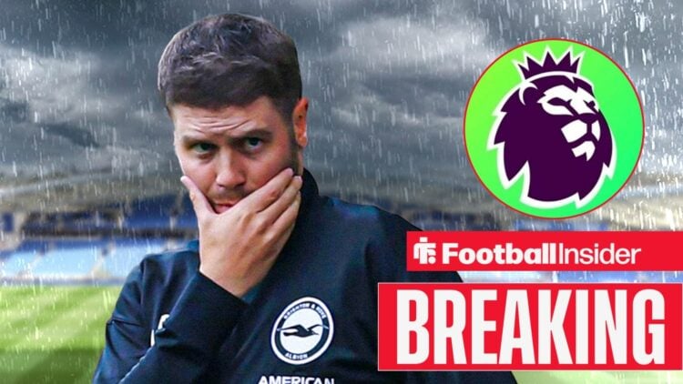 Brighton manager Fabian Hurzeler has his hand over his face in the rain as the Premier League logo features in a circular inset.